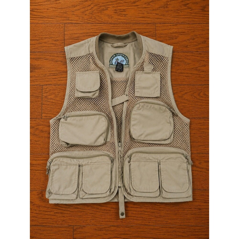 Master Sportsman Mens Medium Fishing Vest Tan Mesh Multi Pocket Outdoor Hunting